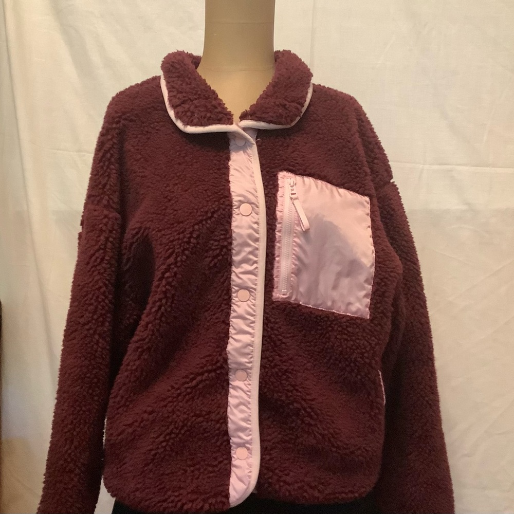 Fabletics Burgundy Teddy Jacket with Pink Accents